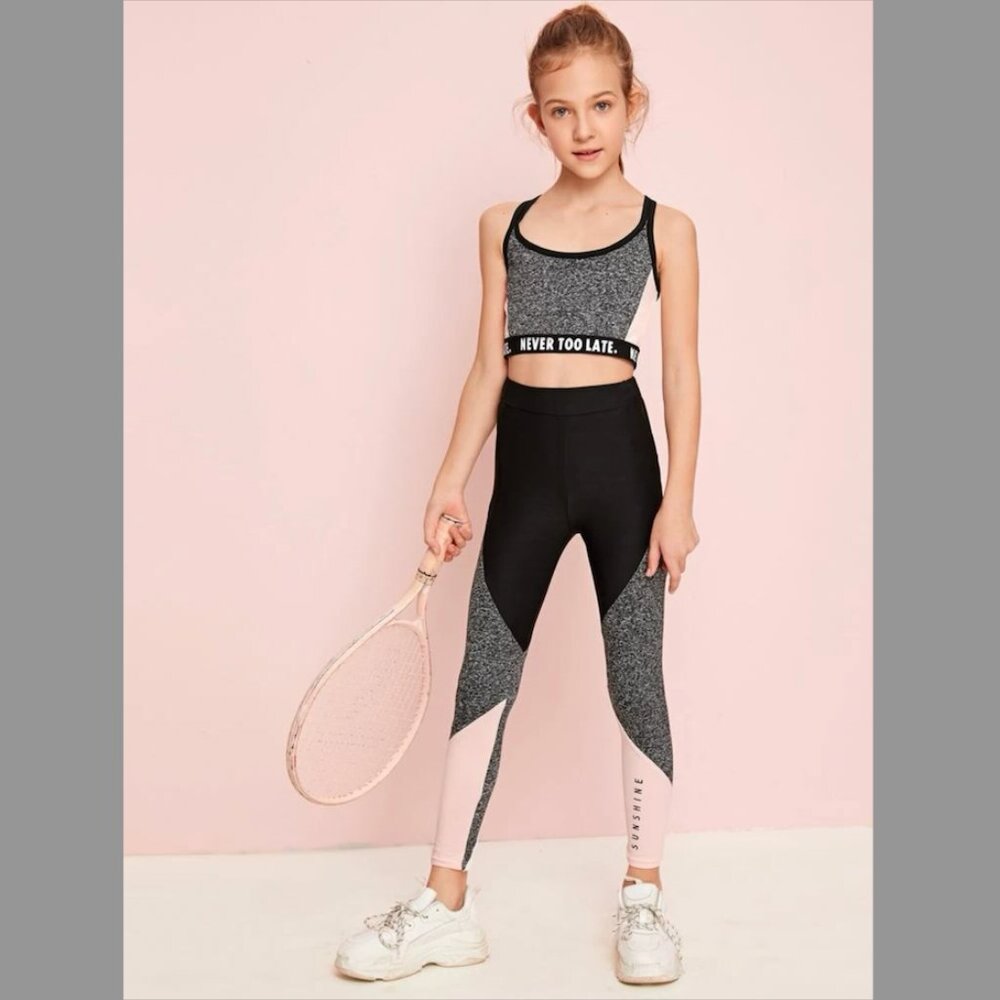 Girl Slogan Tape Detail Marled Panel Top & Leggings Set 7